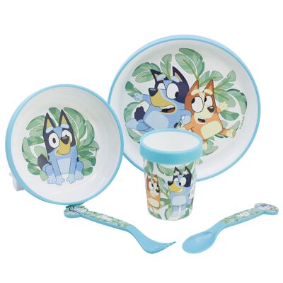 Stor set 5 pcs antidérapant premium bicolore (assiette, bol, verre 260 ml et couverts) dans une boîte bleue