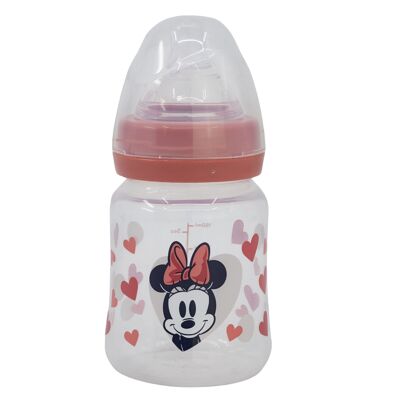 Stor Weithals-Babyflasche, 150 ml, Silikonsauger, 3 Positionen, Minnie-Maus-Herz, voll
