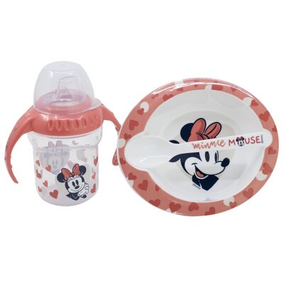 Stor set 3pcs training glass 250 ml plate and spoon minnie mouse heart full