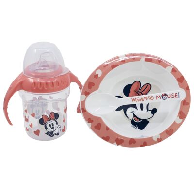 Stor set 3pcs verre d'entraînement 250 ml assiette et cuillère coeur minnie mouse plein