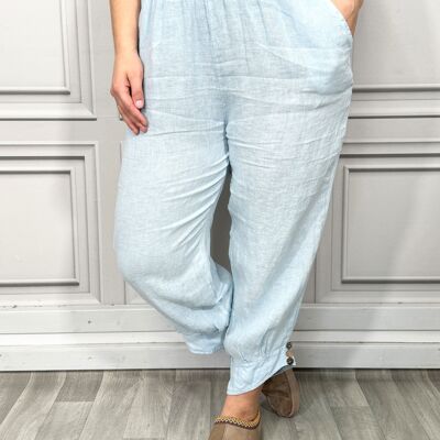3/4 Length Linen Trousers with Embellished Buttons at the Hem