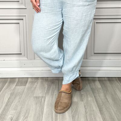 3/4 Length Linen Trousers with Embellished Buttons at the Hem
