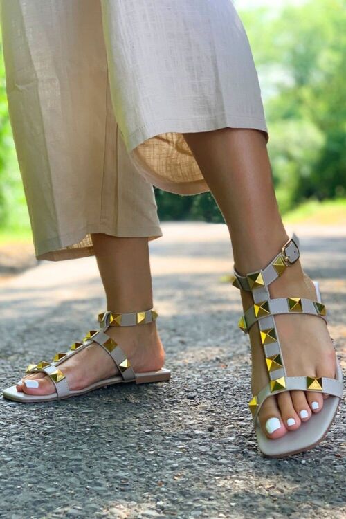 Nude PU Flatform Square Toe Studded Strappy Sandal