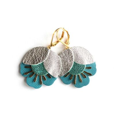 Cherry Blossom earrings - silver leather, metallic turquoise, duck blue