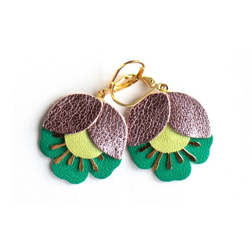 Boucles d'oreilles Fleur de Cerisier - cuir rose métallisé, vert anis, malachite