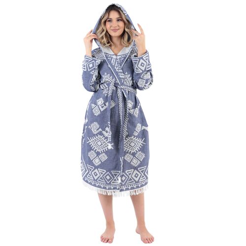 Kilim Hooded Bathrobe - Navy Blue