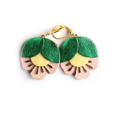 Boucles d'oreilles Fleur de Cerisier - cuir vert métallisé, jaune clair, rose chair