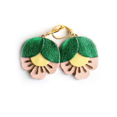 Cherry Blossom earrings - metallic green leather, light yellow, flesh pink