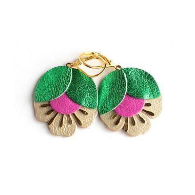 Cherry Blossom earrings - metallic green leather, fuchsia pink, beige