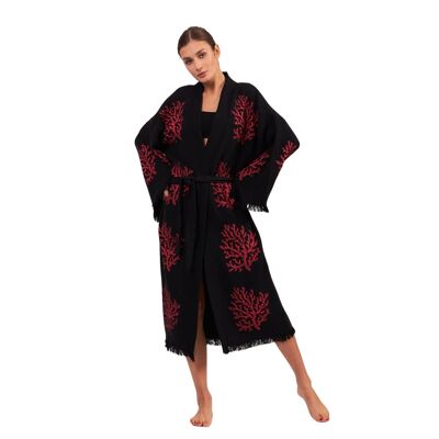 Korallenroter langer Kimono – Schwarz