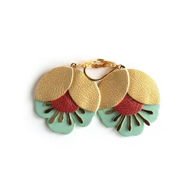 Cherry Blossom earrings - matte gold, copper, frosted blue leather