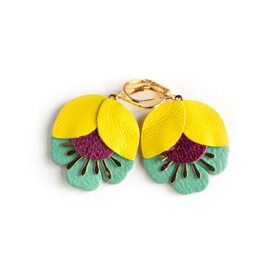 Cherry Blossom earrings - yellow leather, metallic raspberry pink, frosted blue