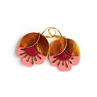 Boucles d'oreilles Fleur de Cerisier - cuir orange métallisé, rouge, rose incarnat