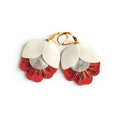 Cherry Blossom earrings - white, silver, red leather
