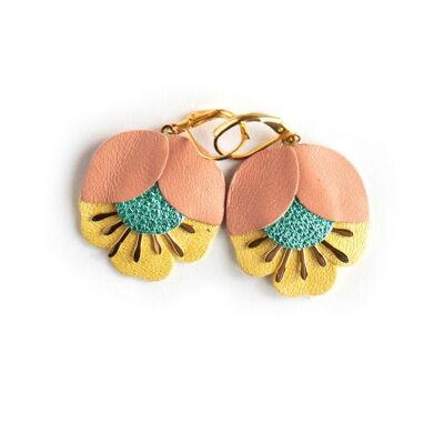 Cherry Blossom earrings - aurora yellow leather, metallic turquoise, pearly yellow