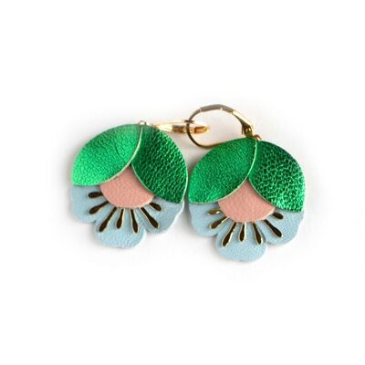 Cherry Blossom earrings - metallic green leather, flesh pink, pale blue