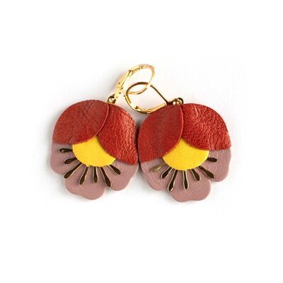 Boucles d'oreilles Fleur de Cerisier - cuir rouge cardinal, jaune, rose grisé