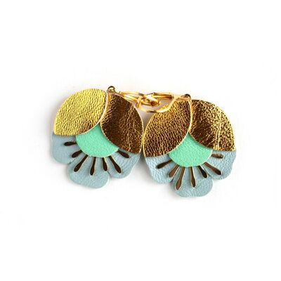 Boucles d'oreilles Fleur de Cerisier - cuir doré, vert menthe, bleu pâle