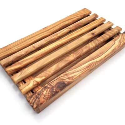 Tagliere pane con scomparto briciole 34 cm in legno d'ulivo lavorato a mano