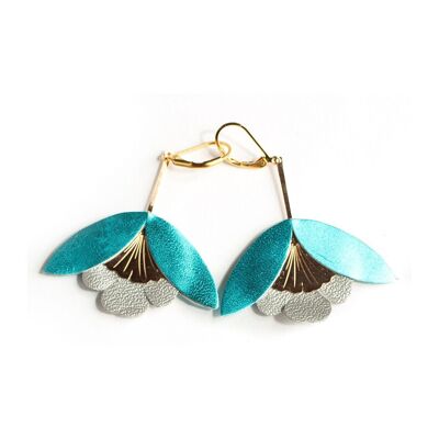 Ginkgo Flower earrings - metallic blue and silver leather