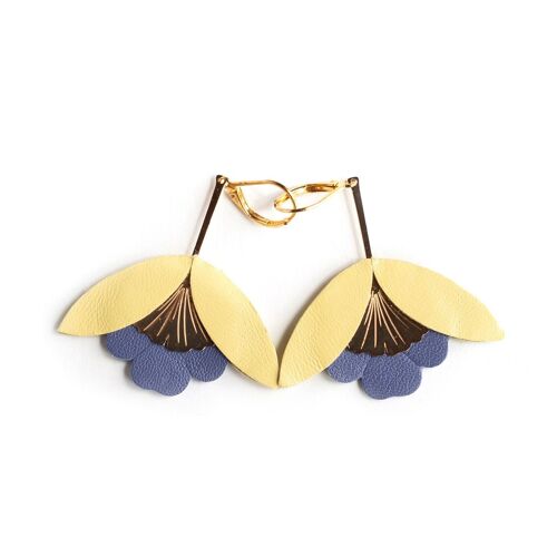 Boucles d'oreilles Fleur de Ginkgo - cuir jaune topaze et bleuet