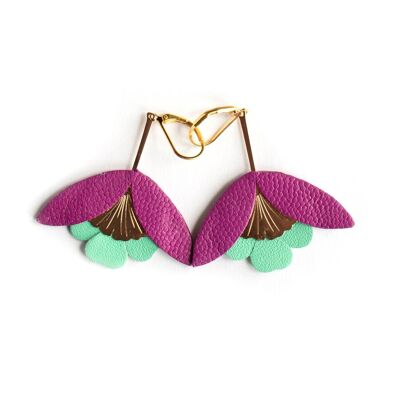 Ginkgo Flower earrings - Byzantine purple and mint green leather