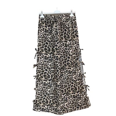 Pantalón de gasa de algodón con lazos de leopardo