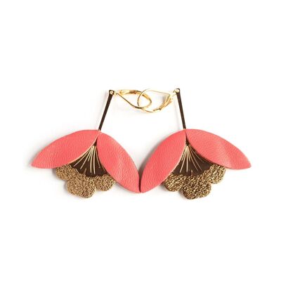 Ginkgo-Blume-Ohrringe – Leder aus Kapuzinerkresse-Rosa und metallischem Aurora-Gelb