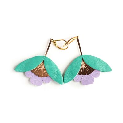 Ginkgo Flower earrings - south sea blue leather and wisteria