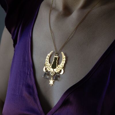 brass black cat pendant necklace