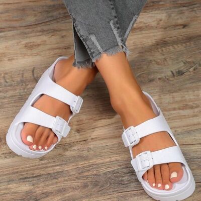 WHITE CHUNKY DOUBLE STRAP SLIP ON SLIDER SANDAL