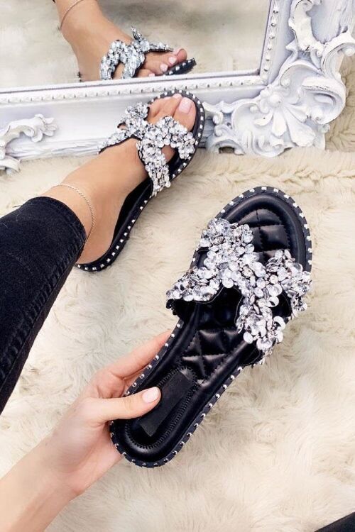 Black Embellished Sparkly Flat Slider Sandals