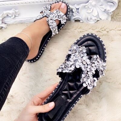 Black Embellished Sparkly Flat Slider Sandals