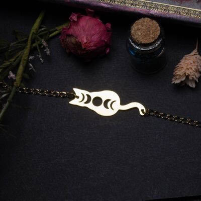 Brass cat and moon bracelet