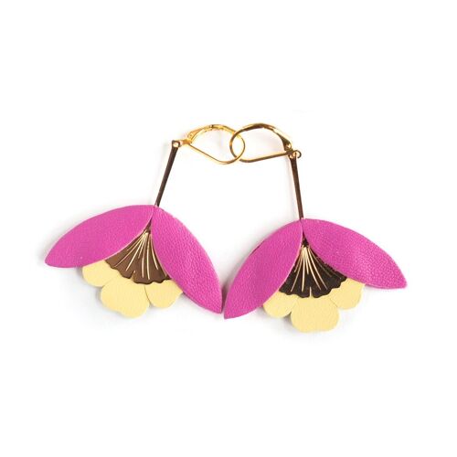 Boucles d'oreilles Fleur de Ginkgo - cuir rose fuchsia et jaune clair