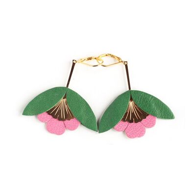 Boucles d'oreilles Fleur de Ginkgo - cuir vert et rose vif