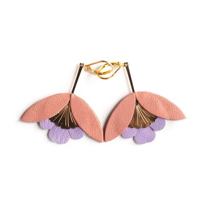 Ginkgo Flower earrings - salmon pink and parma leather