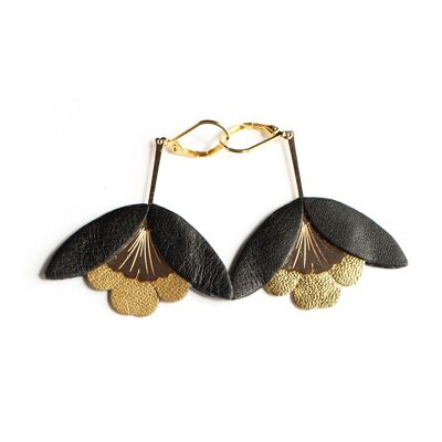 Boucles d'oreilles Fleur de Ginkgo - cuir noir et bronze