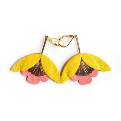 Pendientes Ginkgo Flower - cuero amarillo y capuchina