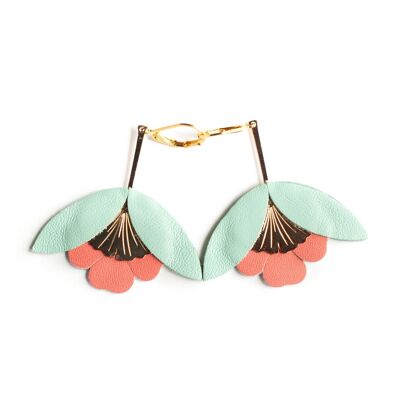 Ginkgo Flower earrings - opaline green and tea pink leather