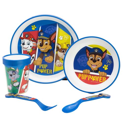 Stor set 5 pcs antideslizante premium bicolor (plato, cuenco, vaso 260 ml y cubiertos) en caja paw patrol pup power