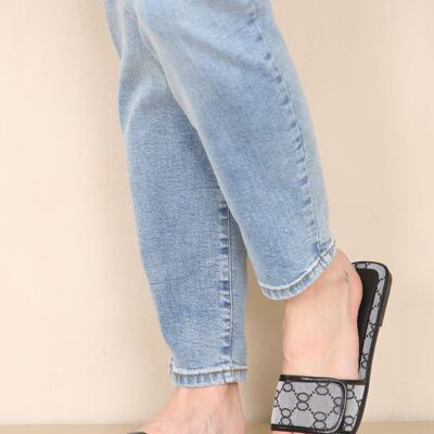 GREY PATTERNED OPEN TOE ADJUSTABLE STRAP SLIDERS SANDALS