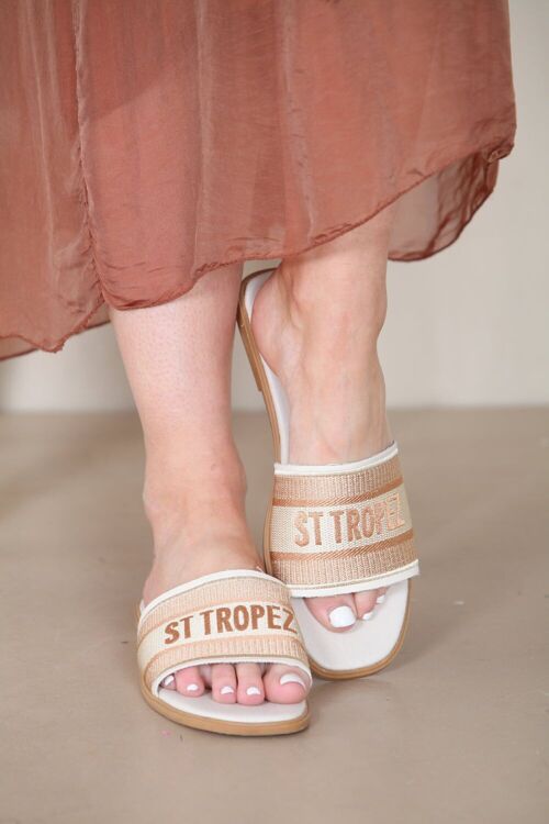 CREAM TEXTILE SLIP ON HOLIDAY SLIDER SANDALS