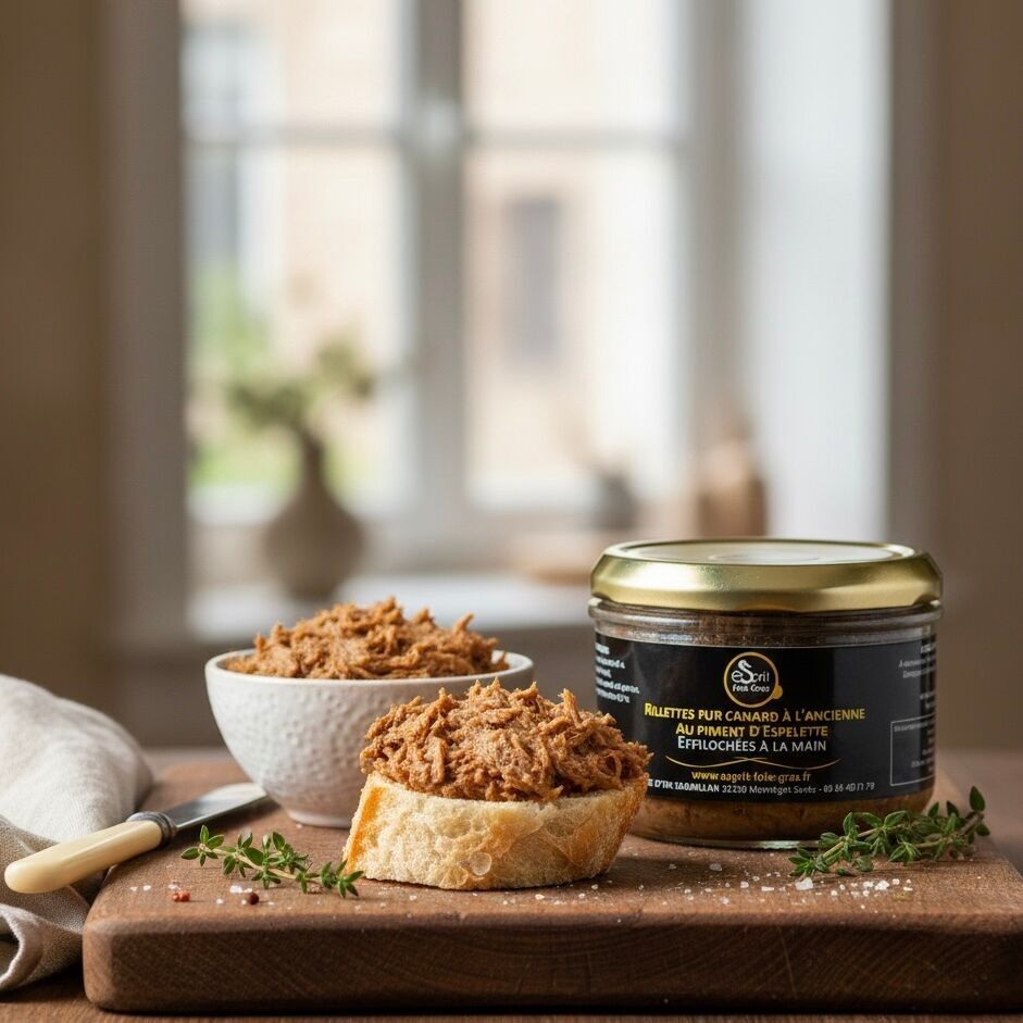 Rillettes de puro pato a la antigua usanza con pimiento de Espelette - desmenuzadas a mano - 180 g