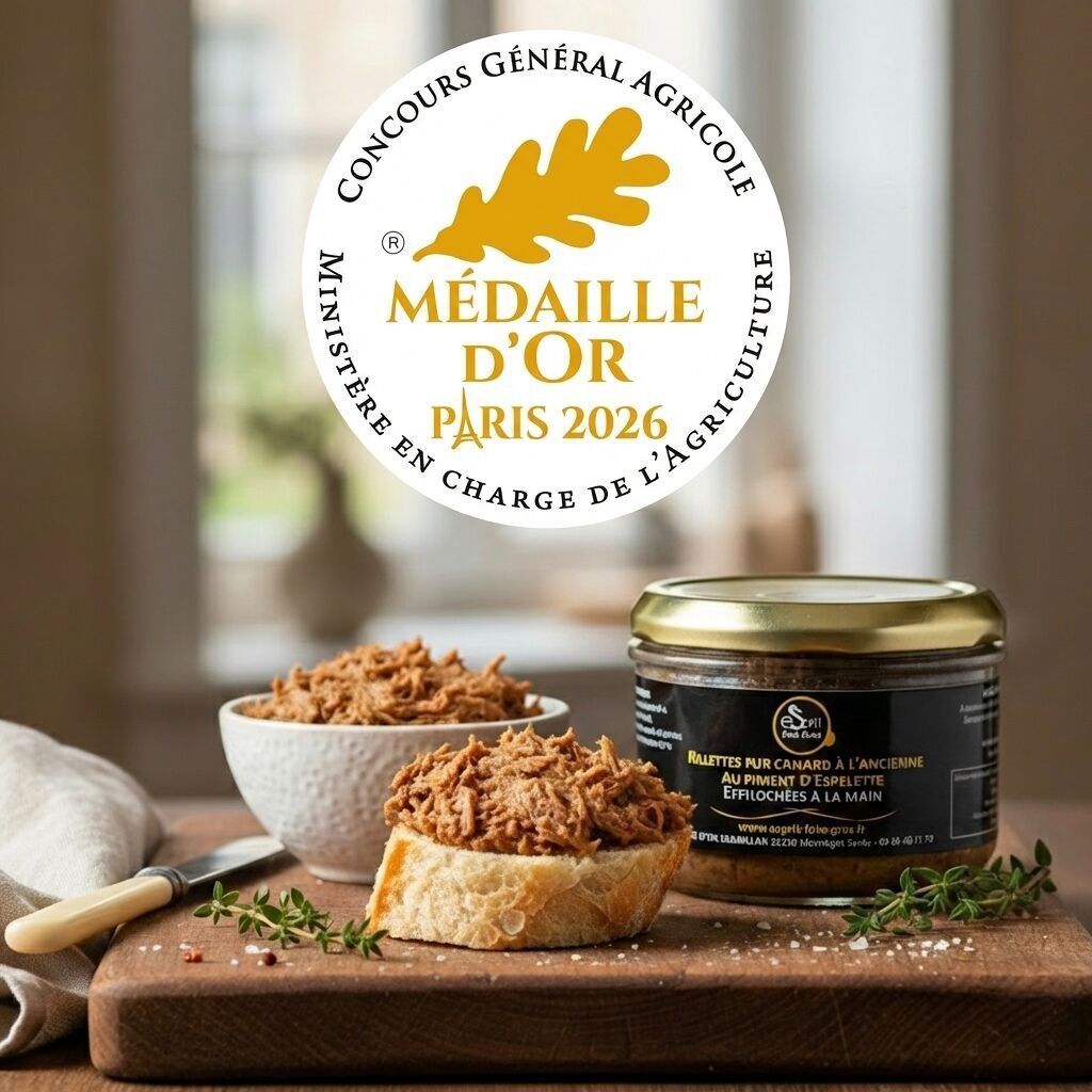 Traditional pure duck rillettes with Espelette pepper - hand-shredded - 180g - Gold Medal 2026 at the Paris General Agricultural Competition