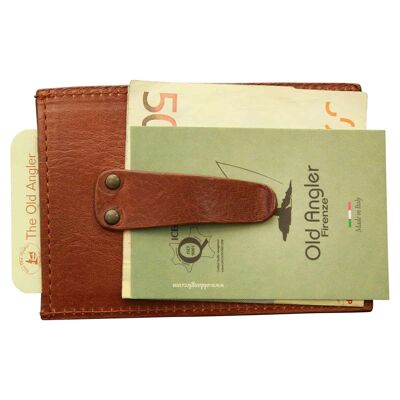 Leather card holder with spring. Brown