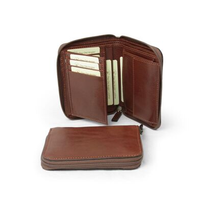 Leather wallet with zip closure - brown with RFID