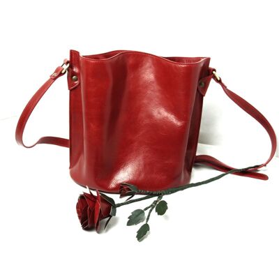 Leather shoulder bag with red leather rose