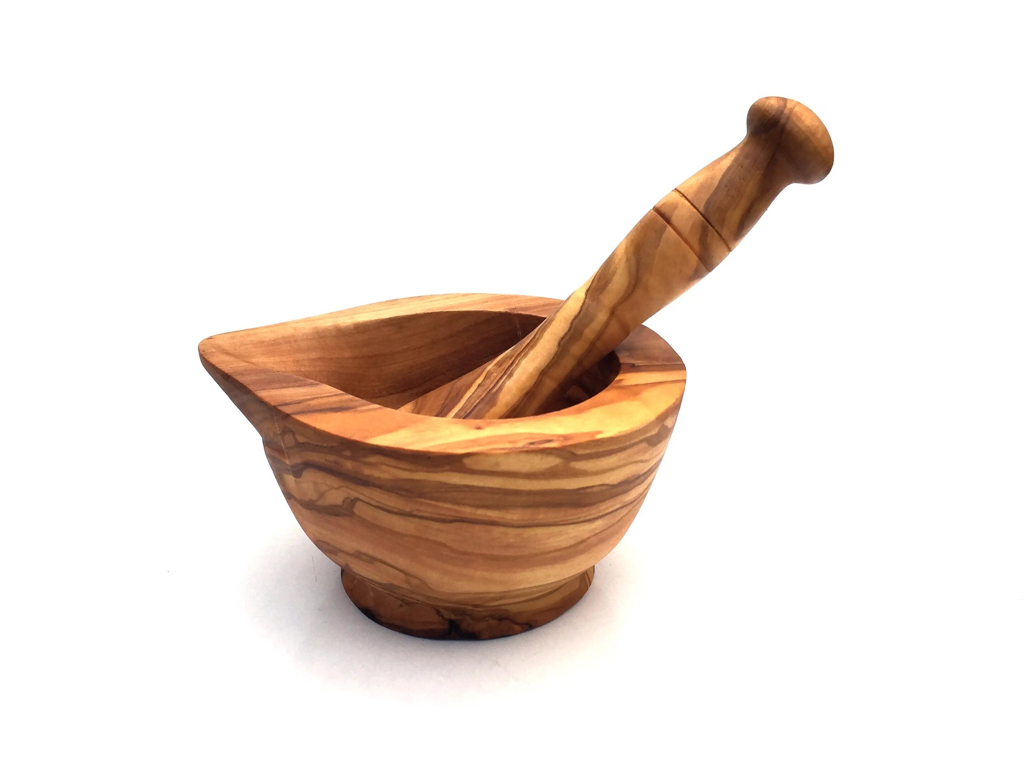 Mortero con pico y maja de madera de olivo