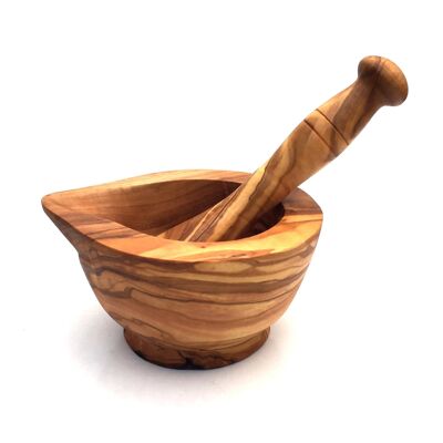 Mortar with beak and pestle made of olive wood